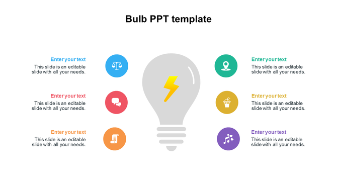 Bulb PowerPoint template with colorful icons representing concepts with placeholder text.