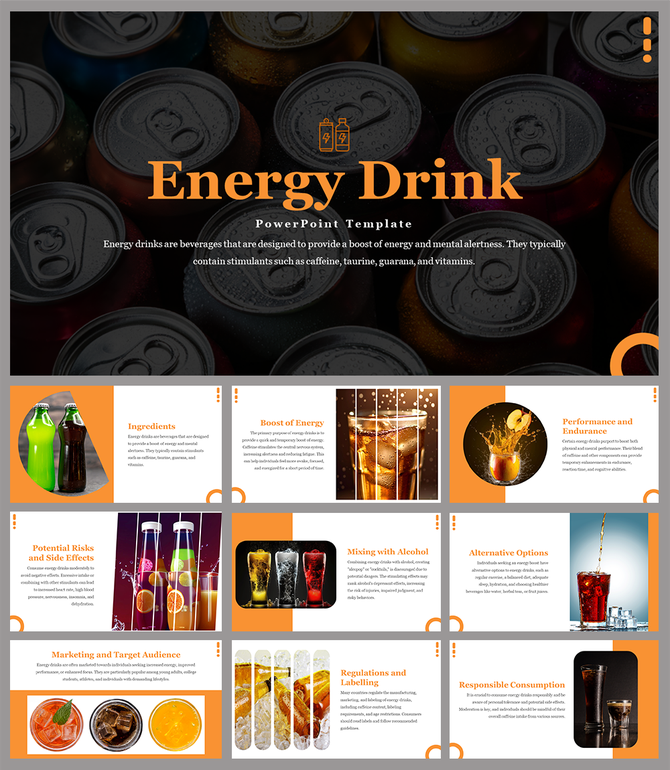 Energy drink slide deck featuring orange accents, drink images, beverage cans, and text sections, on a dark background.