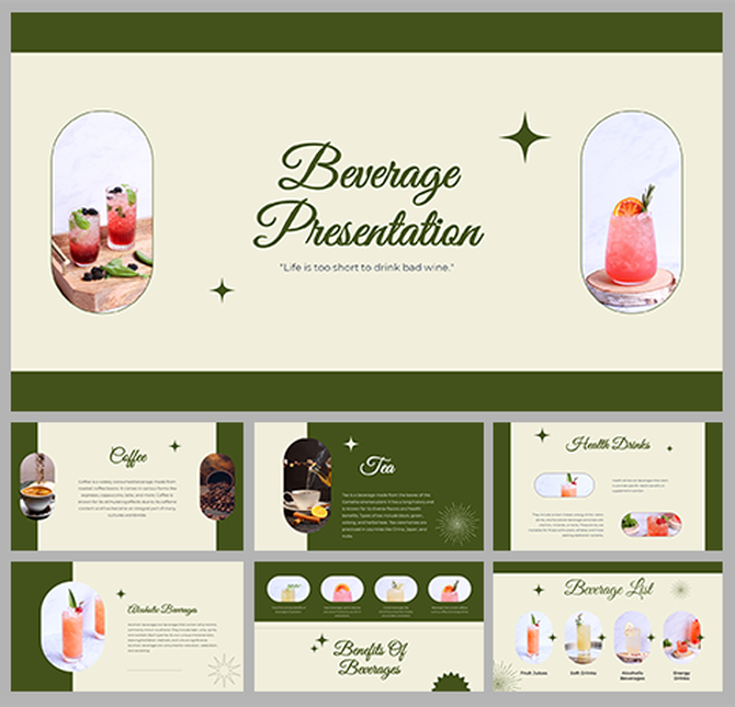 Beverage themed slides with images of various drinks, including coffee and cocktails.