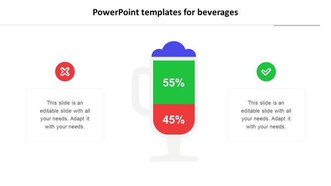 PPT template featuring a beverage glass with a 55 green and 45 percent red segmented display and checkmark and cross icons.
