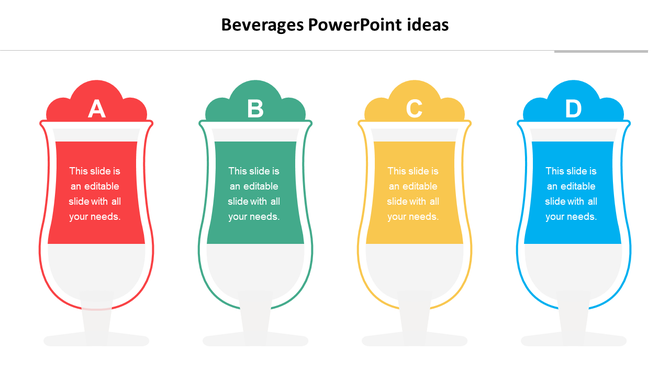 Four beverage glass icons labeled A to D in red, green, yellow, and blue, each with placeholder text areas inside.