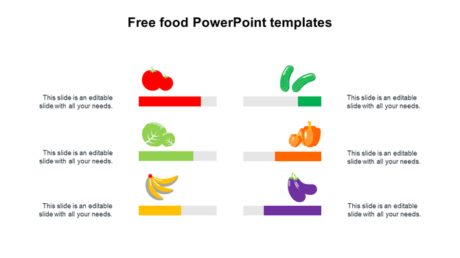  A layout featuring food icons from tomatoes to eggplants each paired with color-coded bars and caption areas.