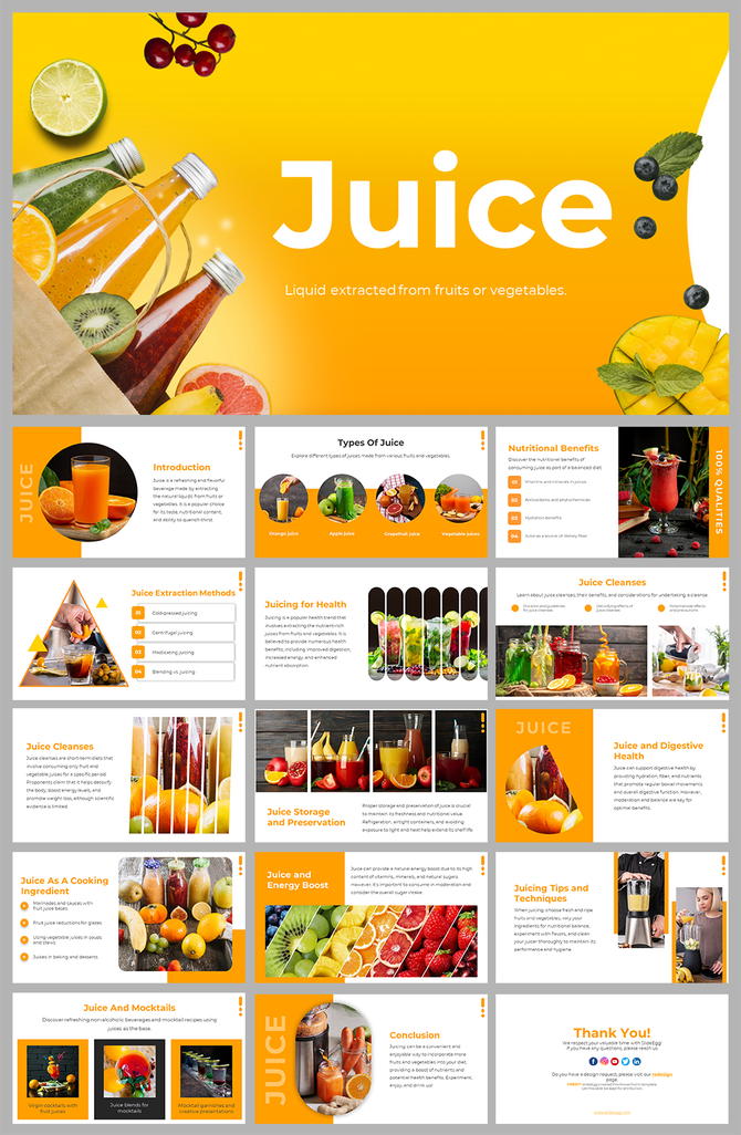 Juice themed presentation showcasing various slides on types of juice, health benefits, extraction techniques, and recipes.