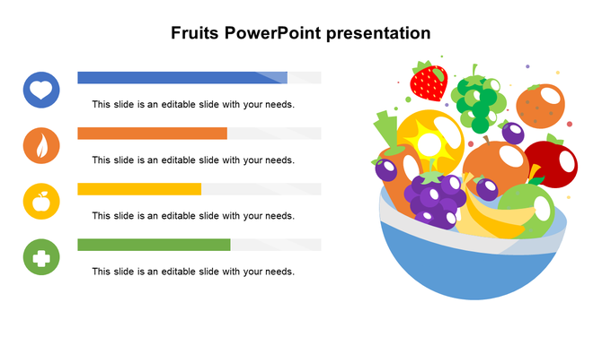 Fruit themed slide with four horizontal bars in blue, orange, yellow, and green, and a bowl of colorful fruits on the right.