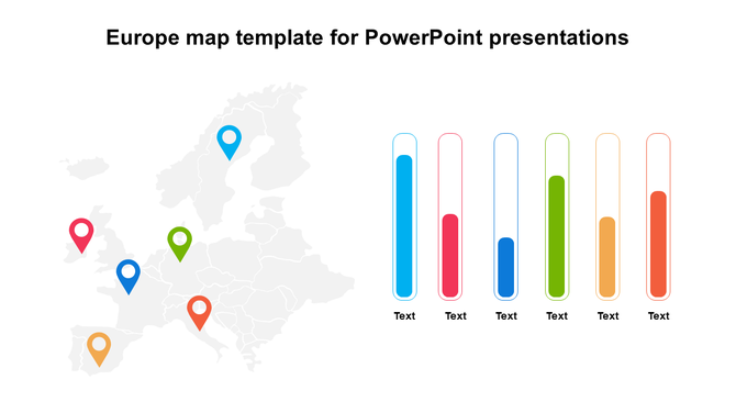 Europe map with six colored location pins on the left and matching vertical bar charts with placeholder text on the right.