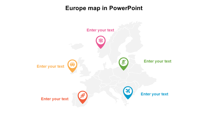 Europe map infographic with five pinpoint markers in orange, yellow, green, blue, and pink, each labeled with text.
