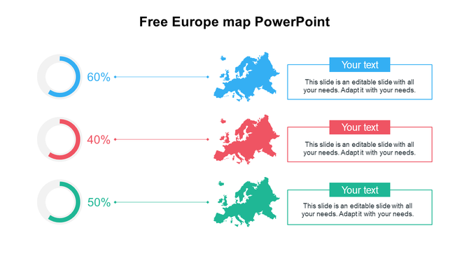 Europe map template showing three map sections in blue, red, and green with percentage indicators and placeholder text boxes.