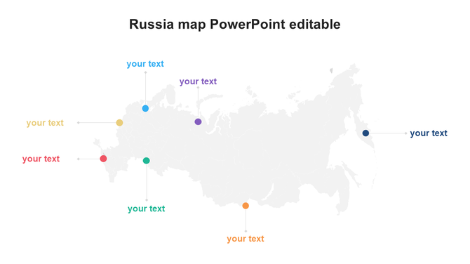 Gray Russia map infographic with seven colored dots marking locations, each linked to text placeholders.