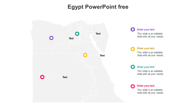 Gray outline map of Egypt with four colorful markers indicating key locations, each linked to corresponding captions.