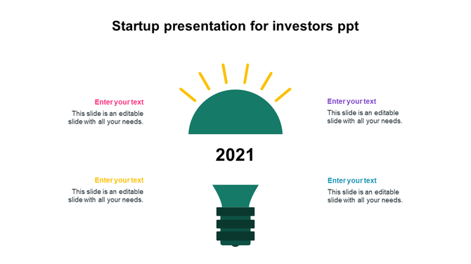 Startup investor slide with a green light bulb graphic highlighting the year 2021 and four colorful text sections around it.