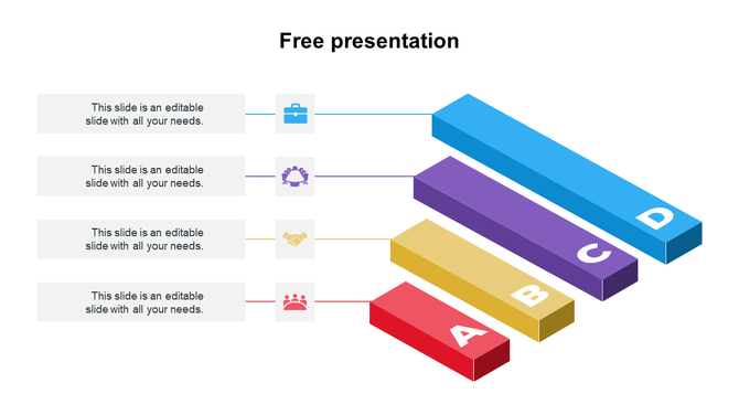 PowerPoint slide featuring four colorful blocks labeled A, B, C, and D with corresponding icons and placeholder text.