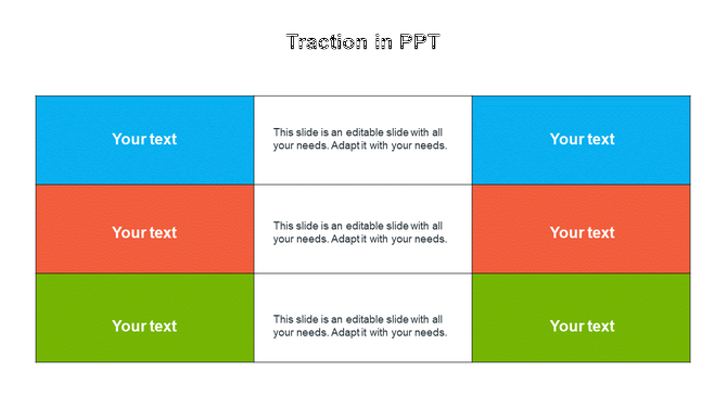  A traction layout with three rows and two columns, filled with blue, red, and green text boxes.