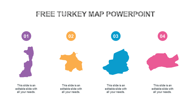 PowerPoint slide showing four map sections of Turkey in different colors, each labeled with a number and placeholder text.