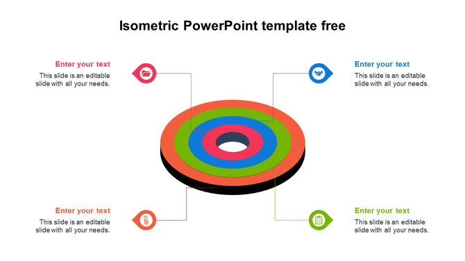 Isometric PowerPoint template featuring a layered circular diagram with four labeled text boxes connected by lines.