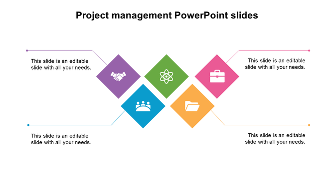 Project management slide with five diamond icons in purple, green, pink, blue, and orange, each with symbols.