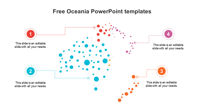 Oceania map template made with colored dots, featuring four numbered areas with text placeholders.