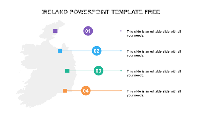 Ireland PowerPoint template with sections and a map of Ireland in the background with placeholder text.