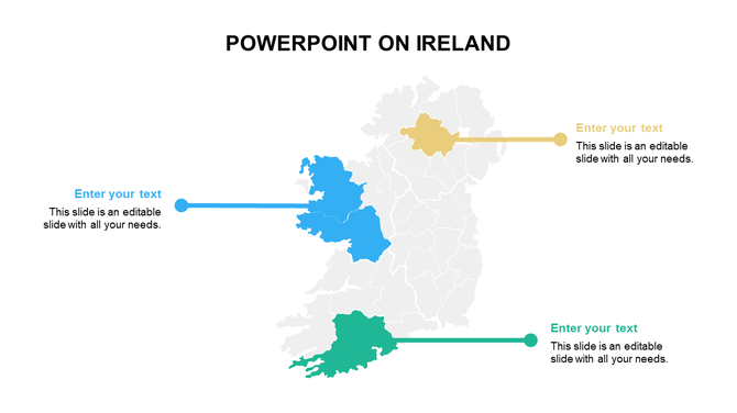 Map of Ireland with highlighted regions in blue, green, and yellow connected to text boxes with lines.