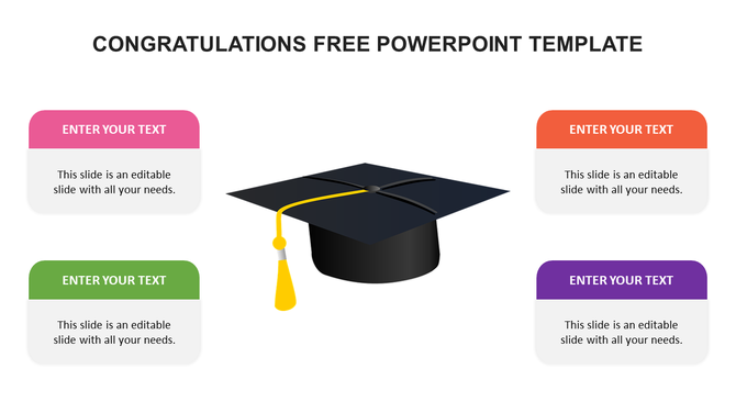 Congratulations slide with a graduation cap graphic and four placeholder text areas in distinct colors.