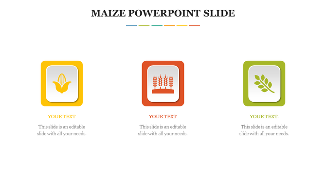 Maize slide with three icons a yellow corn cob, red wheat sheaves, and a green leaf, each with caption areas below.