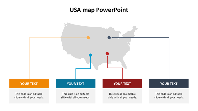 USA map PowerPoint template with color coded labeled sections for placeholder text on a white backdrop.