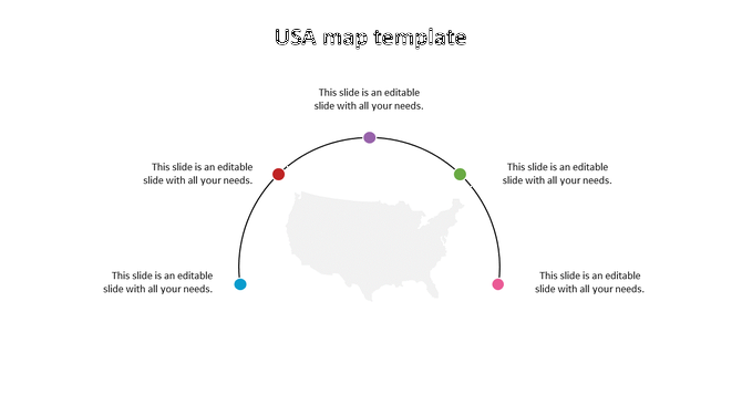 USA map slide with a light grey map at center and six color-coded dots on a curved line, each with editable text beside it.