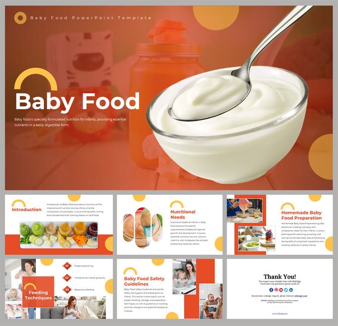 Baby food slides featuring key topics like nutritional needs, preparation, and safety guidelines with text descriptions.