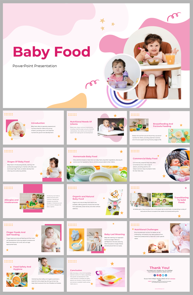 Baby food cover slides showcasing a child enjoying baby food with colorful designs and playful graphics on a pink theme.