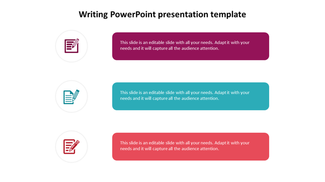 Writing slide with three rows of writing icons in circles and matching colored text boxes in maroon, teal, and red.