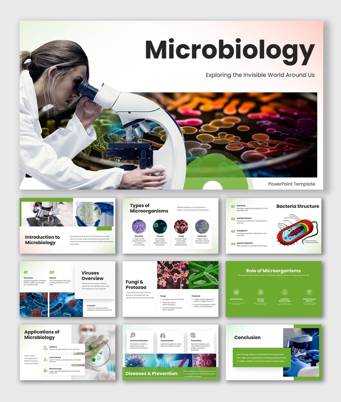 Microbiology slides with microscope visuals, green theme, icons, and clear layouts to explain microbes and concepts clearly.