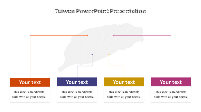 Interactive Taiwan map slide in PowerPoint with four sections and placeholder text.
