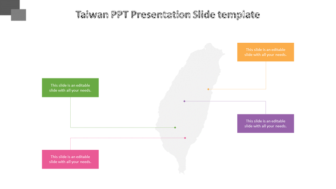 Taiwan map in grey with four colored text boxes in green, orange, purple, and pink, each connected by thin lines.