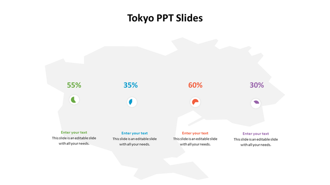 Tokyo map in gray with four colored percentage pie charts in green, blue, red, and purple, each with captions below.