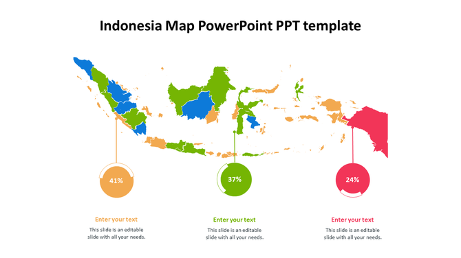 Colorful map of Indonesia with three circular percentage markers in yellow, green, and red circles, each with text below.