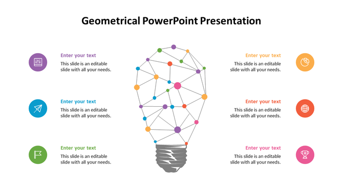 Geometrical PowerPoint slide featuring a lightbulb made of colorful connected nodes, with text sections around it.