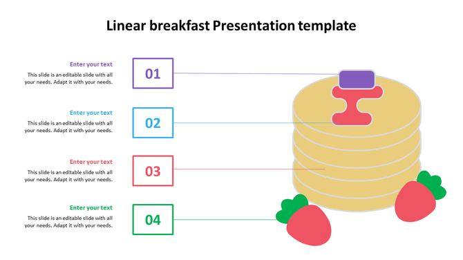 Four colored text boxes numbered 01 to 04, with a stack of pancakes and strawberries at the bottom, in a linear layout.