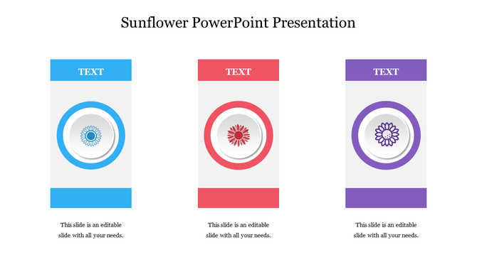 Three-panel layout with sunflower icons in blue, red, and purple sections, each with a placeholder text  at the top.