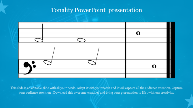 Slide featuring a musical staff with notes, symbolizing tonality, with space for custom text on a blue theme.