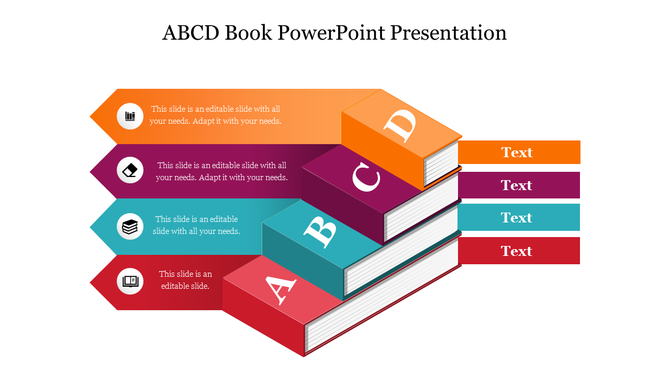 ABCD book slide showcasing a creative design with vibrant book graphics and text areas.