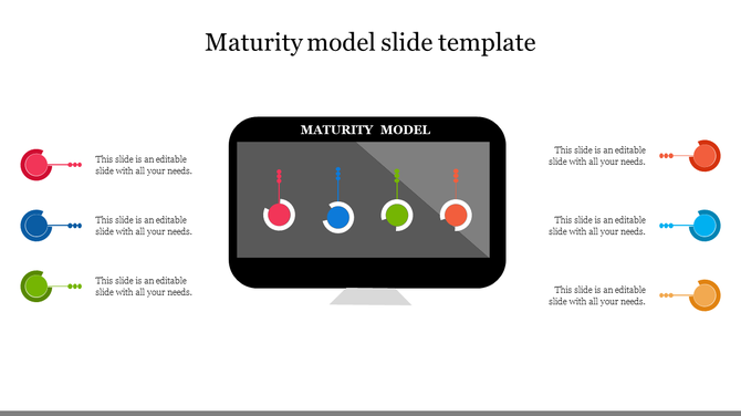 Maturity model slide showing progress indicators with colorful circles and arrows with placeholder text on a white backdrop.