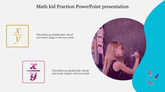 Math fraction slide with fraction symbols, child at chalkboard, and colorful decorative pencils.