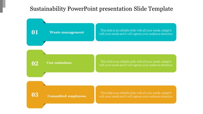 Slide with three numbered sections in teal, green, and orange, focusing on sustainability themes and text.