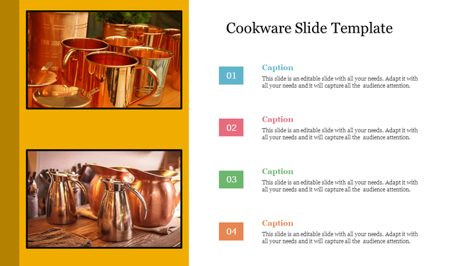 Slide featuring images of copper cookware and a list of four numbered captions on the right.