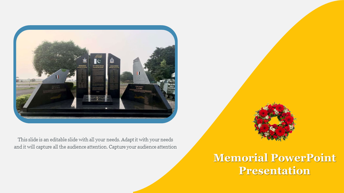 A memorial monument featuring plaques with inscriptions, a floral wreath, and a yellow background for a PowerPoint slide.