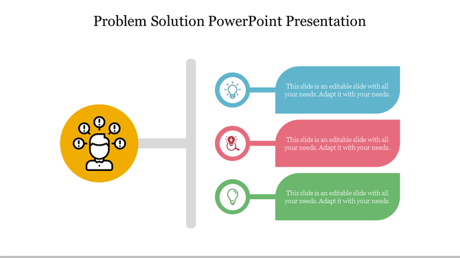 Problem Solution slide featuring a diagram with a yellow problem icon and three colored solution icons with text area.