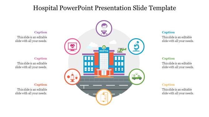 Slide featuring a hospital building illustration surrounded by colorful medical icons with text captions.