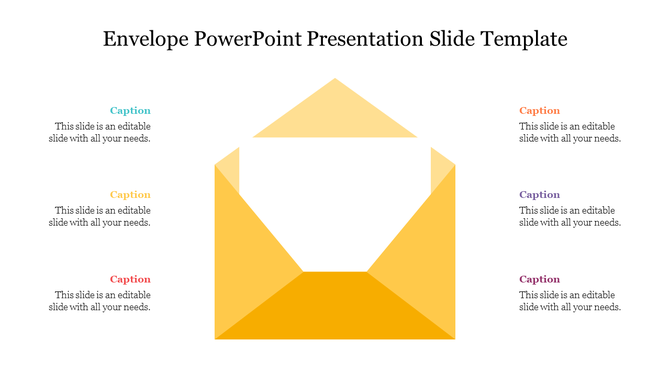 Central open yellow envelope graphic with six caption areas on both sides, each in different colors for labeling.