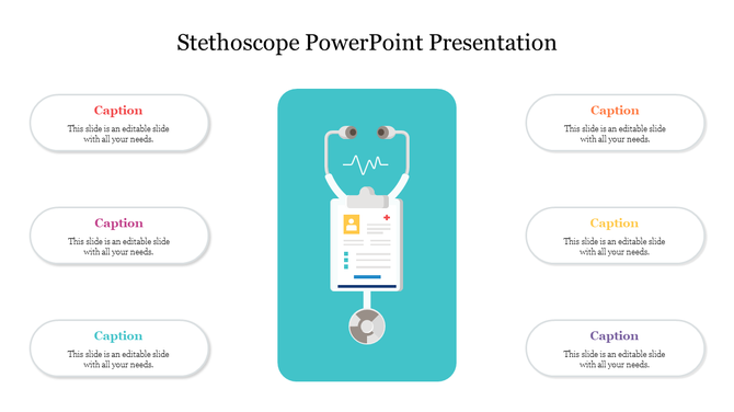 Stethoscope icon in the center with six surrounding placeholder text areas on a white background.