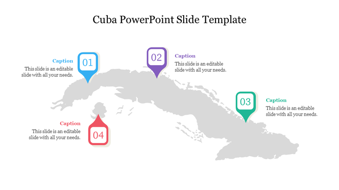 Gray map of Cuba with four numbered location markers in blue, purple, green, and red displaying captions.