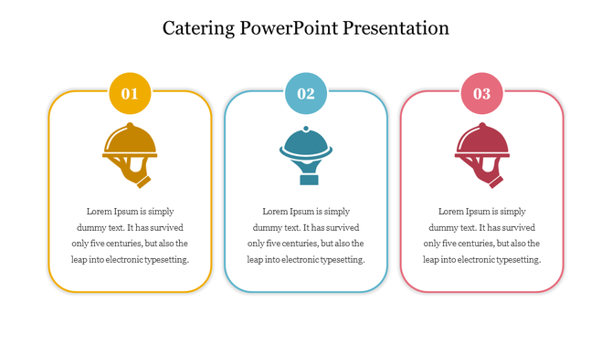 Catering-themed presentation slide with three colorful boxes, each showing a food cloche icon and numbered boxes.